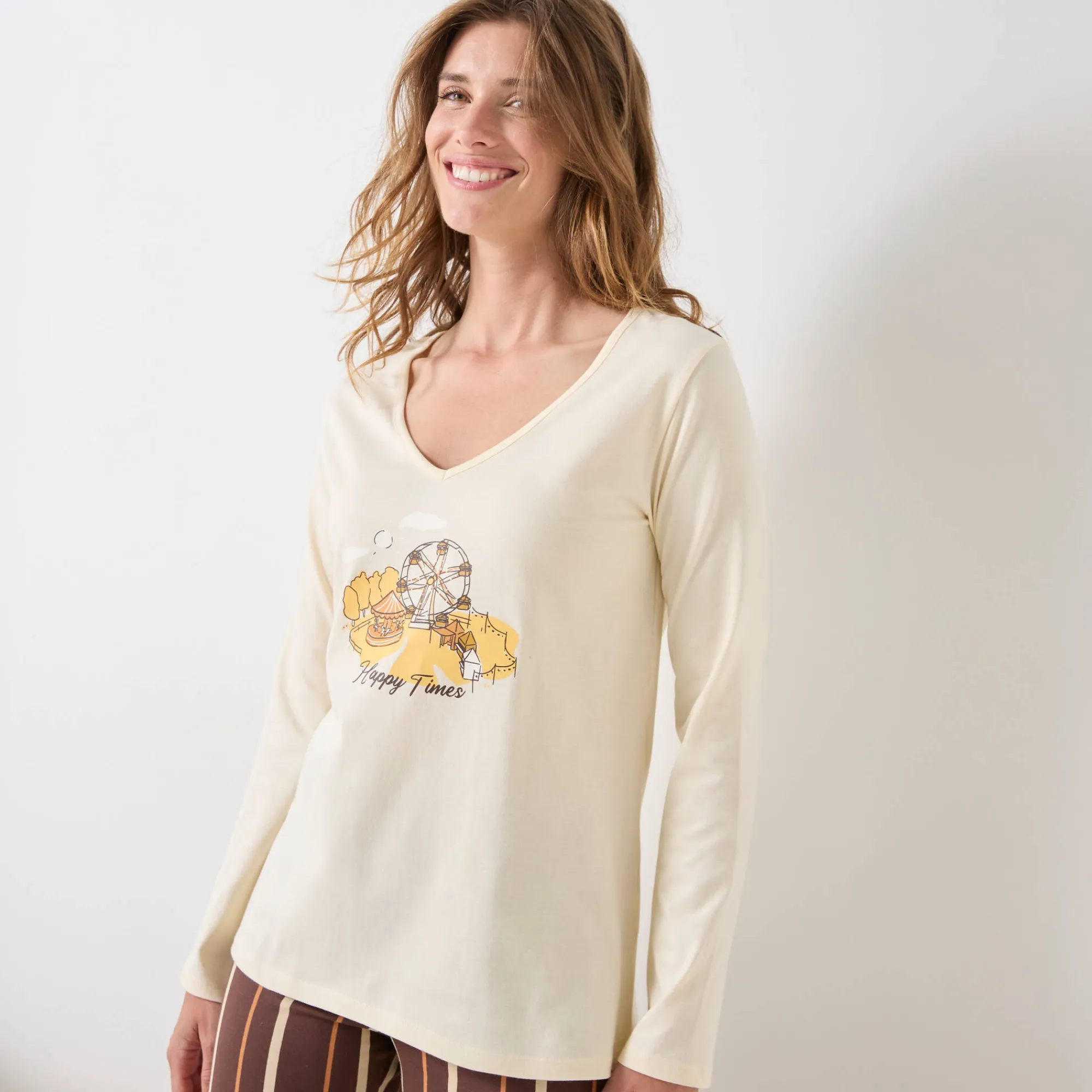 Pyjama<Blancheporte Pyjama in katoen met lange mouwen en 'kermis' print vanille / chocolade