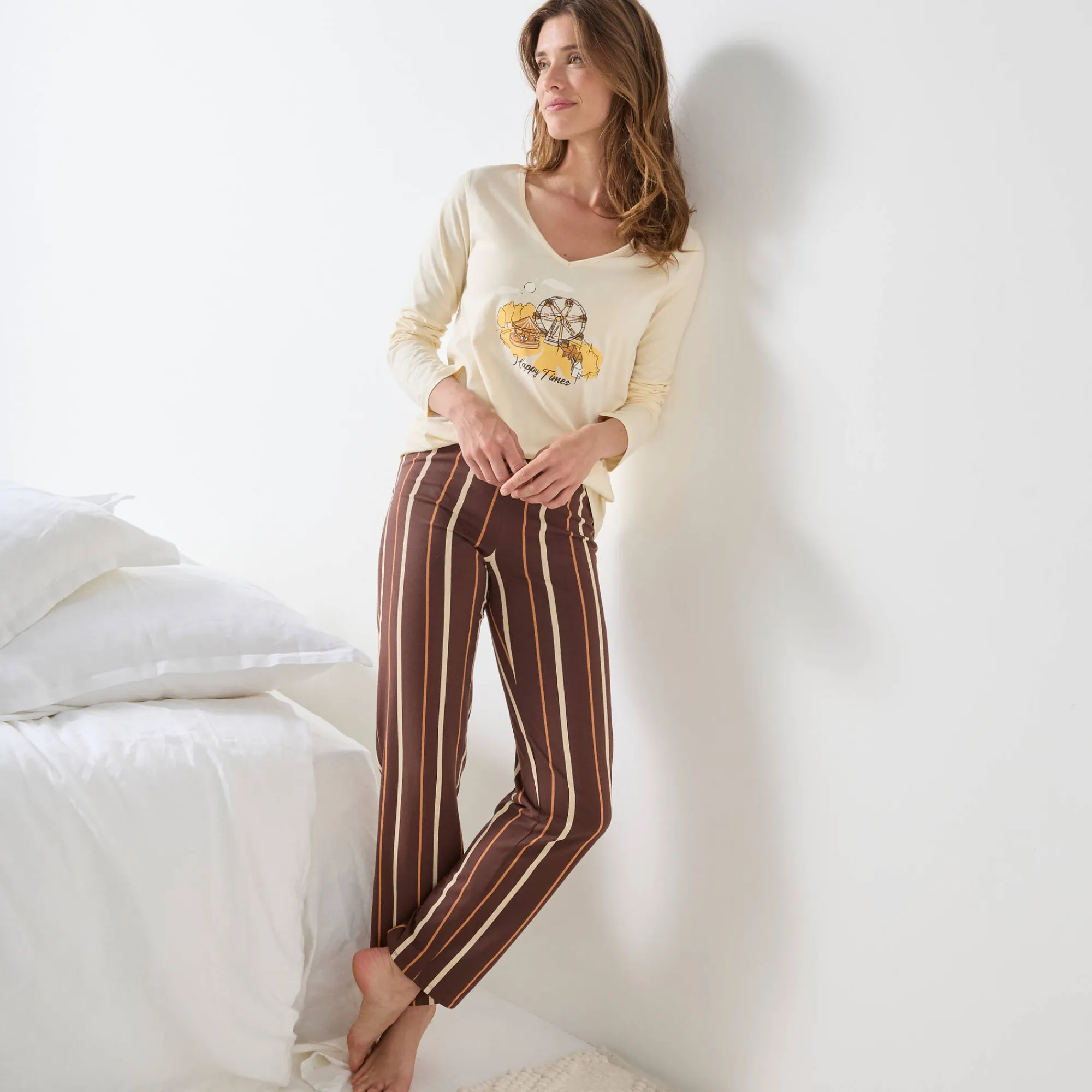 Pyjama<Blancheporte Pyjama in katoen met lange mouwen en 'kermis' print vanille / chocolade