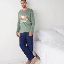 Pyjama En Kamerjas<Blancheporte Pyjama in katoen met opdruk, lange mouwen groen / marine