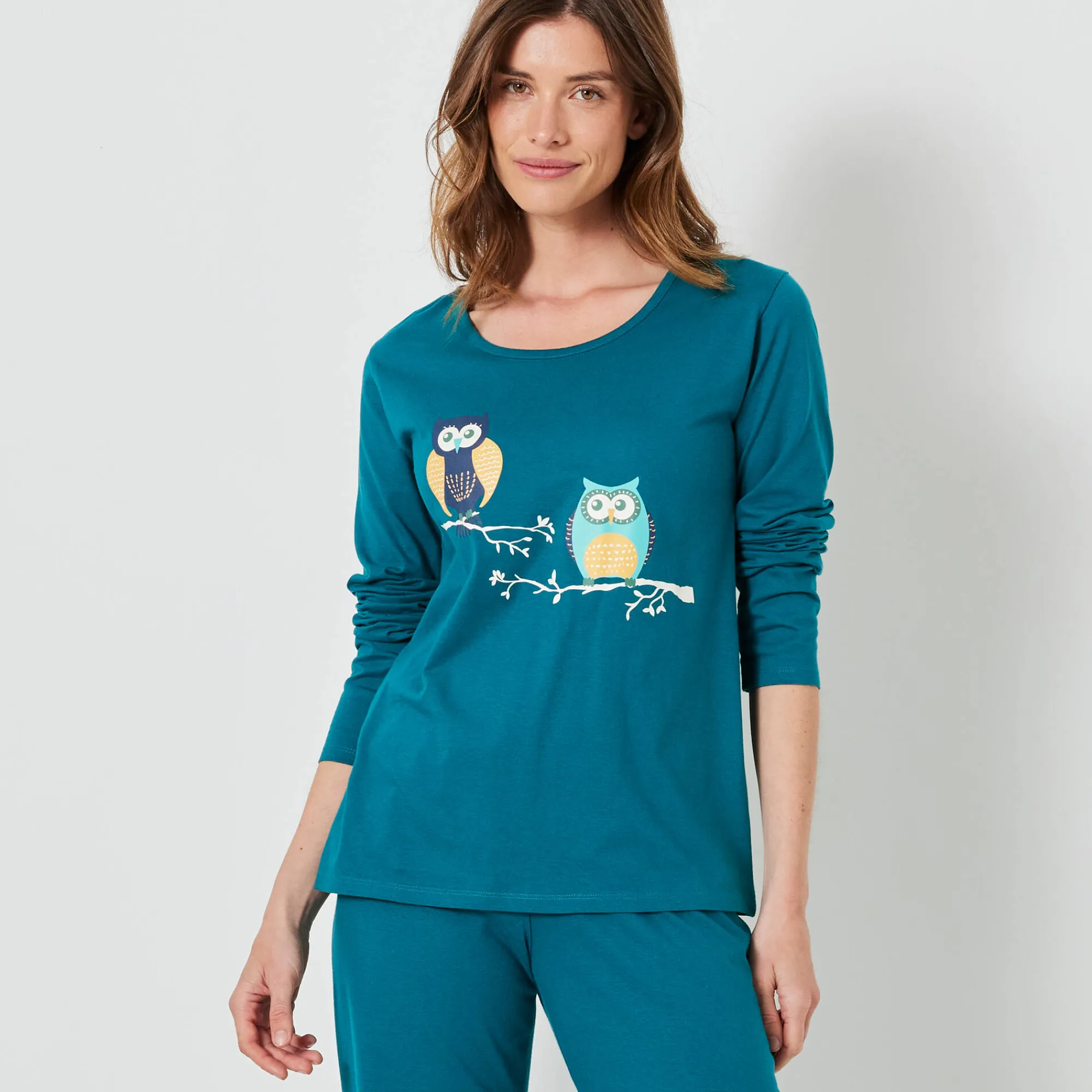 Pyjama<Blancheporte Pyjama in katoen met uilenprint en lange mouwen dennengroen