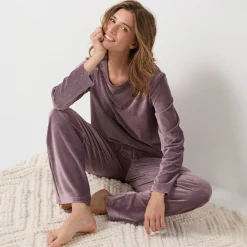Pyjama<Blancheporte Pyjama in ribvelours, ruim model met lange mouwen taupe