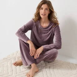 Pyjama<Blancheporte Pyjama in ribvelours, ruim model met lange mouwen taupe