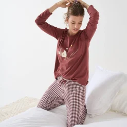 Pyjama<Blancheporte Pyjama met 'eenden' print en vichy in katoen-flanel + bijpassende scrunchy chocolade / ecru