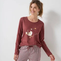 Pyjama<Blancheporte Pyjama met 'eenden' print en vichy in katoen-flanel + bijpassende scrunchy chocolade / ecru
