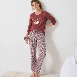 Pyjama<Blancheporte Pyjama met 'eenden' print en vichy in katoen-flanel + bijpassende scrunchy chocolade / ecru