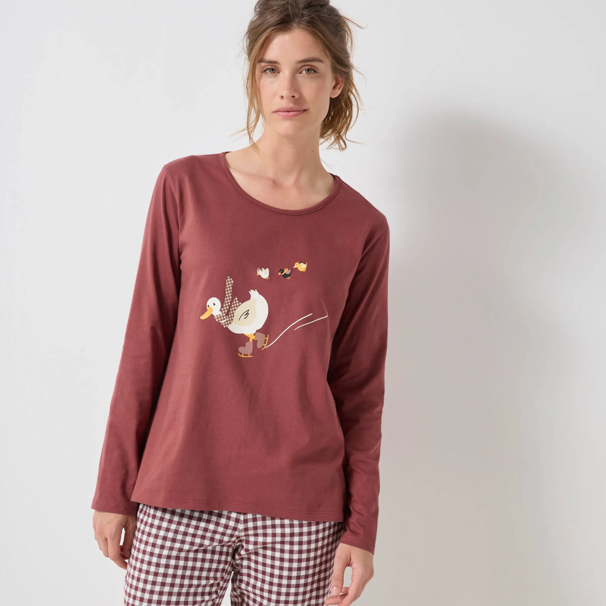 Pyjama<Blancheporte Pyjama met 'eenden' print en vichy in katoen-flanel + bijpassende scrunchy chocolade / ecru