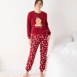 Pyjama<Blancheporte Pyjama met "huis" motief, fleecetricot met pluchetouch rood