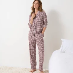 Pyjama<Blancheporte Pyjama met knoopsluiting en lange mouwen, in flanel met ingeweven vichymotief chocolade / ecru