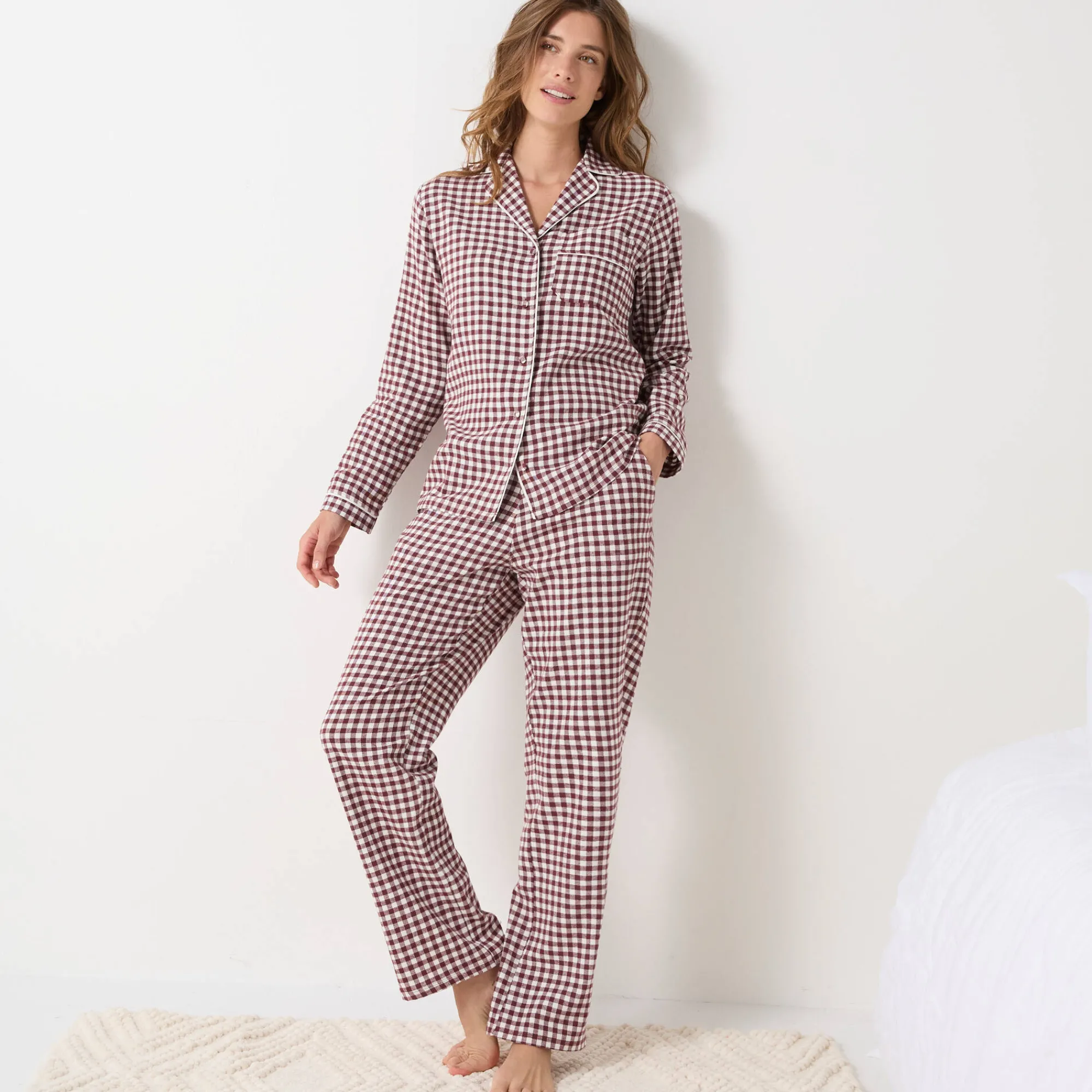 Pyjama<Blancheporte Pyjama met knoopsluiting en lange mouwen, in flanel met ingeweven vichymotief chocolade / ecru