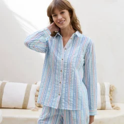 Pyjama<Blancheporte Pyjama met knopen in seersucker - hemdkraag ecru / blauw