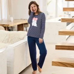 Pyjama<Blancheporte Pyjama met lange mouwen en poesjesmotief marine
