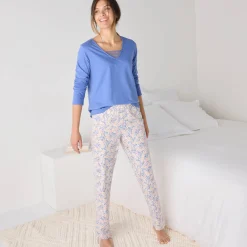 Pyjama<Blancheporte Pyjama met pasje in plumetis - vogelprint ecru / blauw