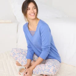 Pyjama<Blancheporte Pyjama met pasje in plumetis - vogelprint ecru / blauw