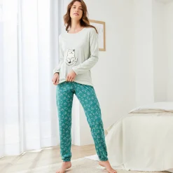 Pyjama<Blancheporte Pyjama met "poes" motief en lange strookmouwen groen / celadon