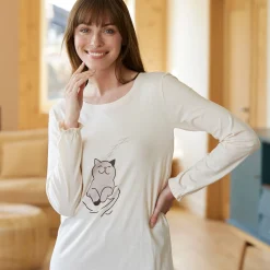 Pyjama<Blancheporte Pyjama met "poes" motief en lange strookmouwen ecru / chocolade