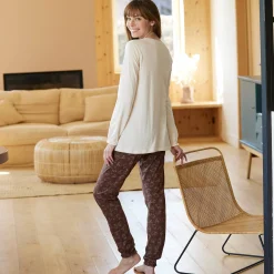 Pyjama<Blancheporte Pyjama met "poes" motief en lange strookmouwen ecru / chocolade