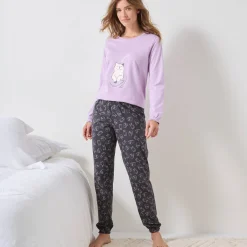 Pyjama<Blancheporte Pyjama met "poes" motief en lange strookmouwen parma / grijs