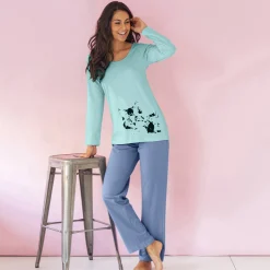 Pyjama<Blancheporte Pyjama met poesmotief - set van 2 perzik + celadon