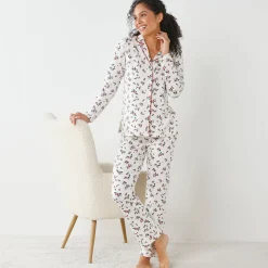 Pyjama<Blancheporte Pyjama met reverskraag en hulstprint ecru / kersenrood