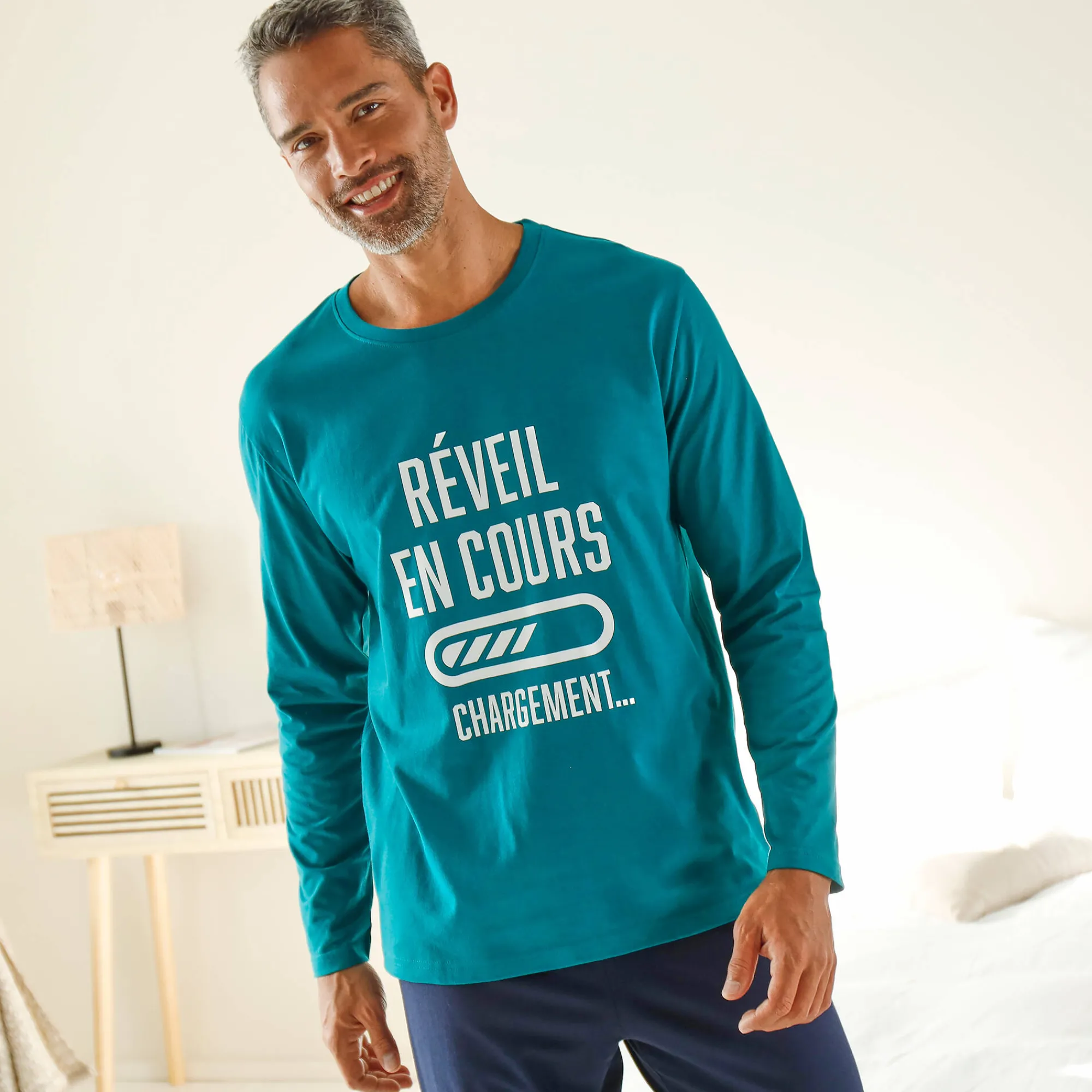 Pyjama En Kamerjas<Blancheporte Pyjama met ronde hals en letterprint eendenblauw / marine
