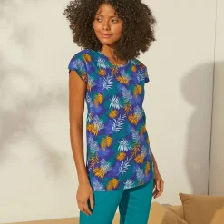 Pyjama<Blancheporte Pyjama T-shirt in katoen met korte mouwen - tropical print blauw / saffraangeel