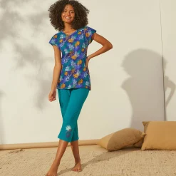 Pyjama<Blancheporte Pyjama T-shirt in katoen met korte mouwen - tropical print blauw / saffraangeel