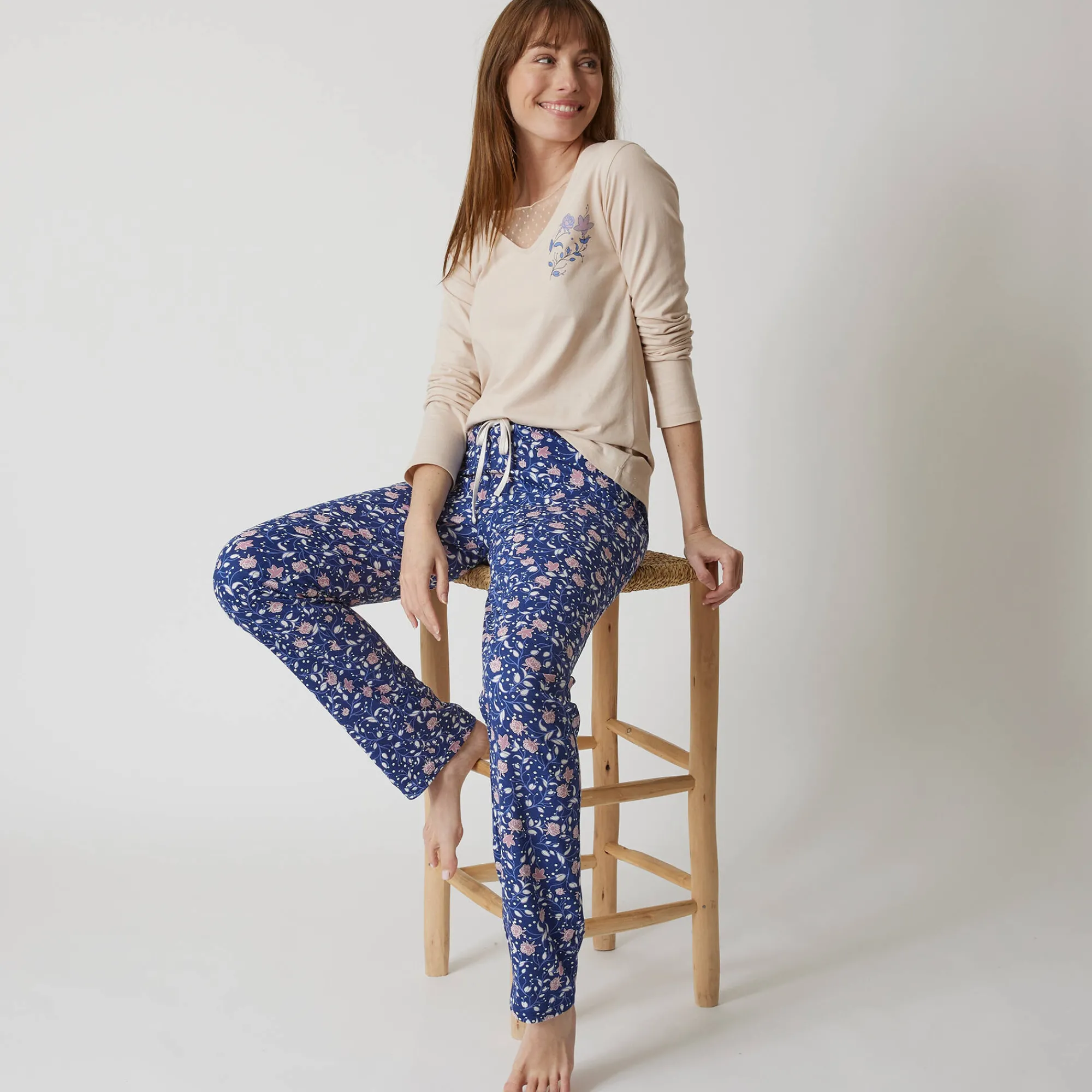 Pyjama<Blancheporte Pyjamabroek in katoen met bloemenprint marine / mauve