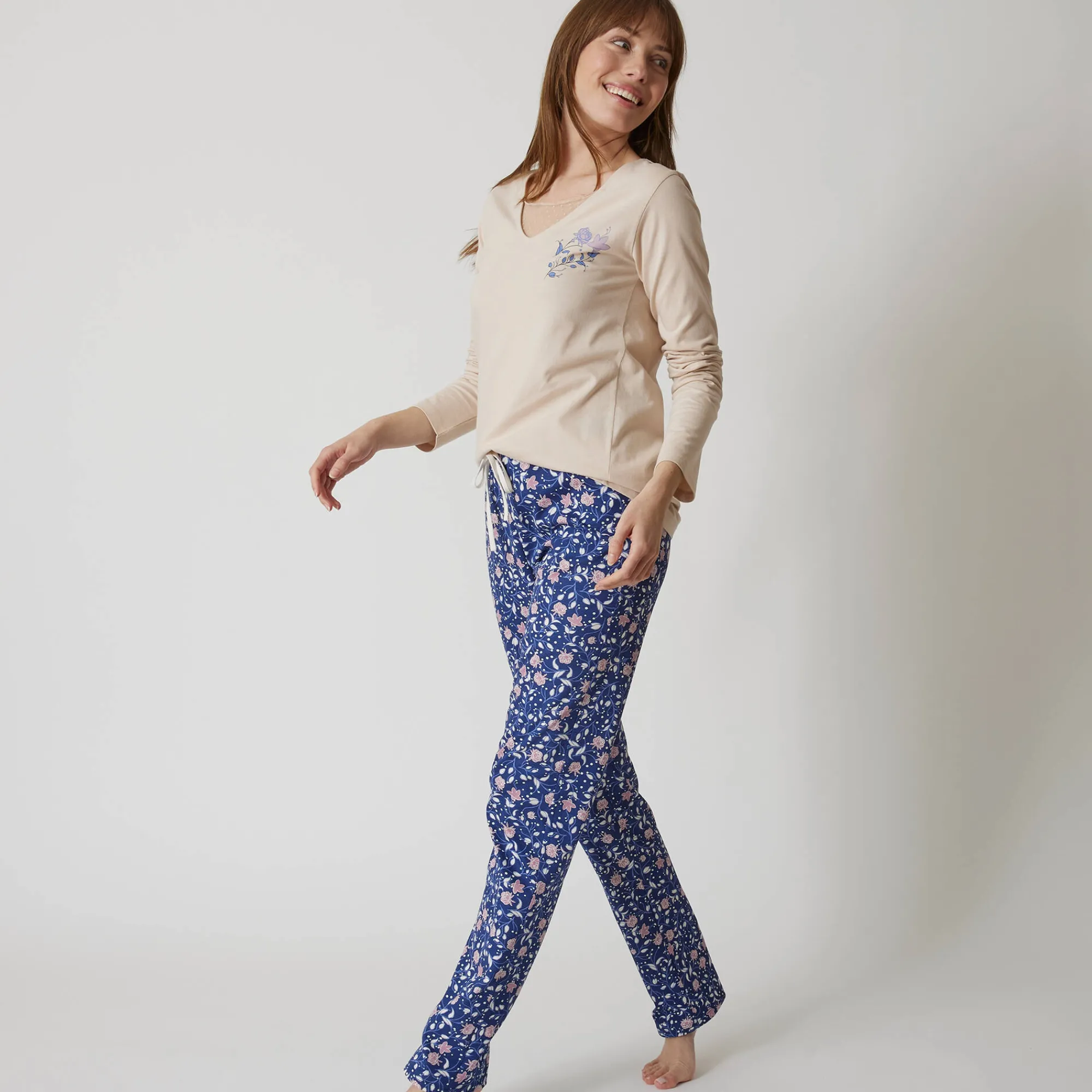 Pyjama<Blancheporte Pyjamabroek in katoen met bloemenprint marine / mauve
