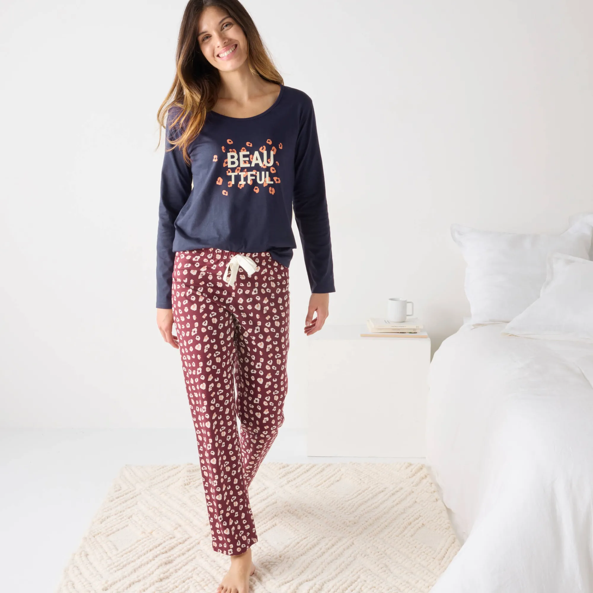 Pyjama<Blancheporte Pyjamabroek in katoen met print "Beautiful" bordeaux / ecru