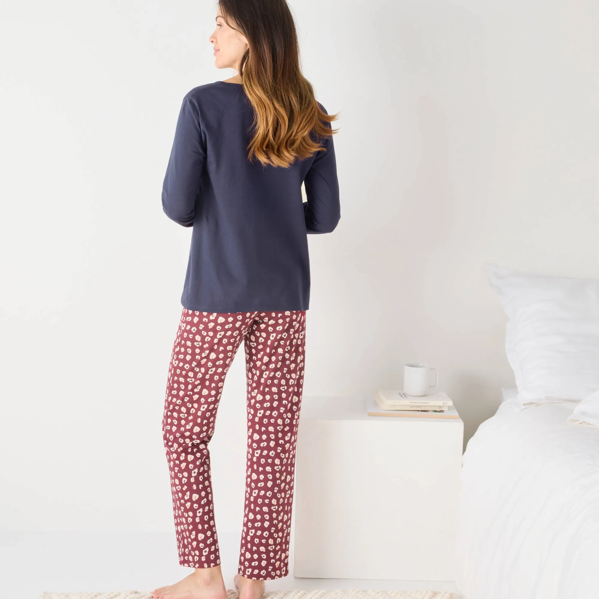 Pyjama<Blancheporte Pyjamabroek in katoen met print "Beautiful" bordeaux / ecru