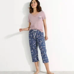 Pyjama<Blancheporte 3/4-pyjamabroek in katoen met bloemenprint marine / mauve