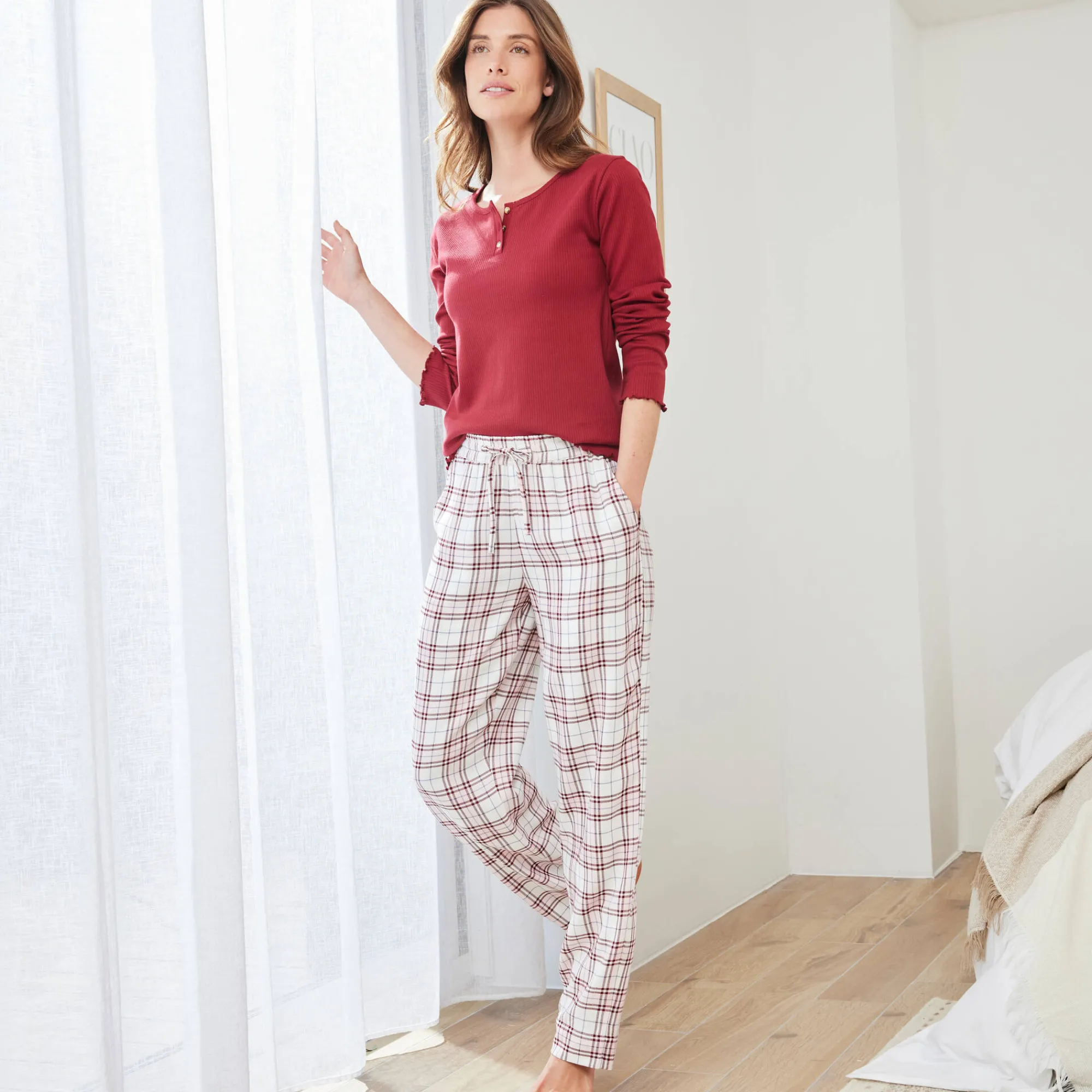 Pyjama<Blancheporte Pyjamabroek met ingeweven ruiten ecru / roze