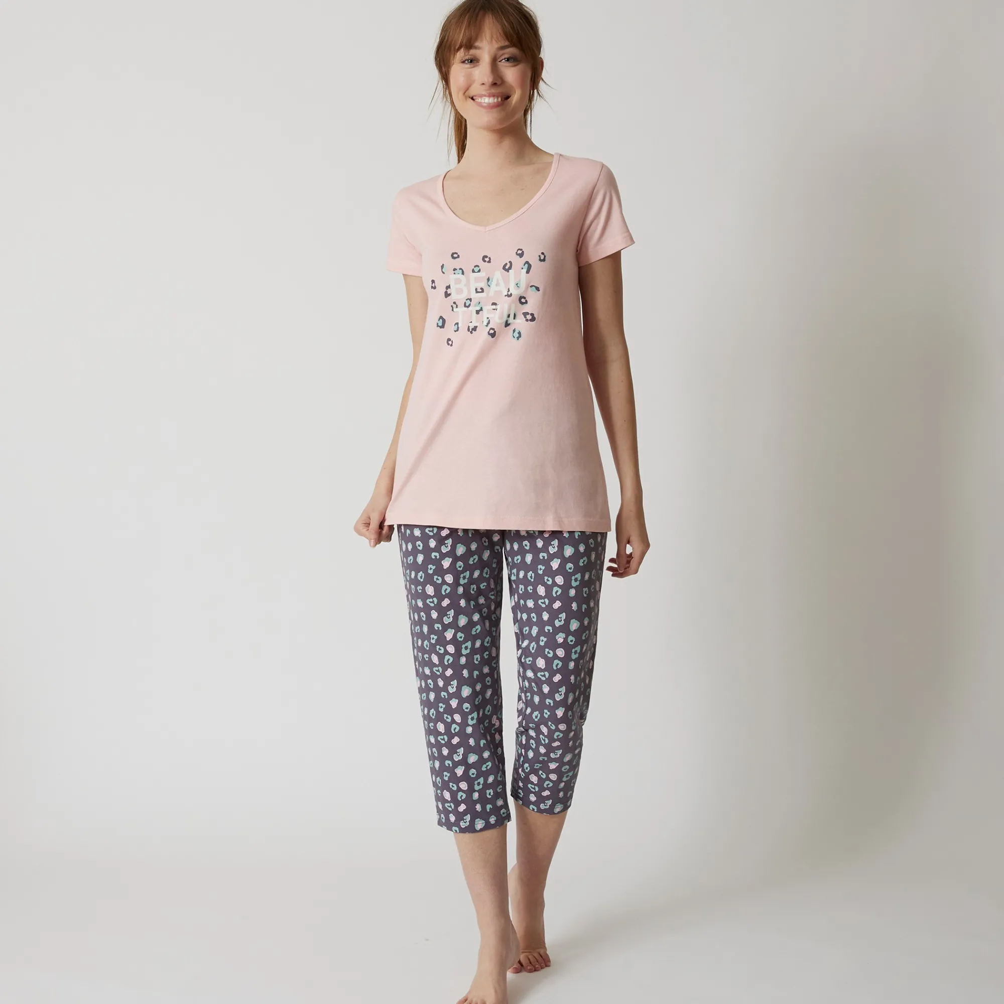 Pyjama<Blancheporte 3/4-pyjamabroek met print "Beautiful" antracietgrijs