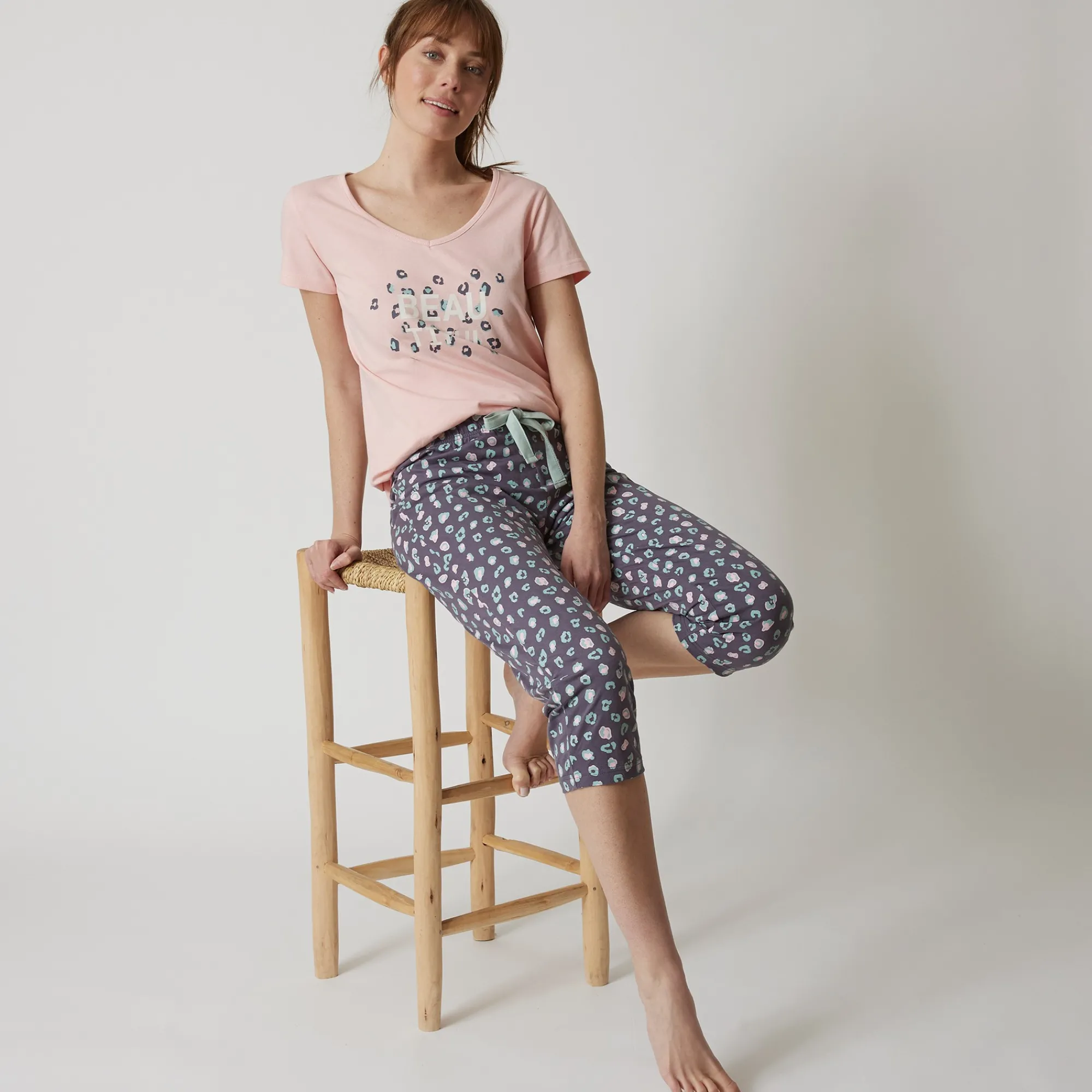 Pyjama<Blancheporte 3/4-pyjamabroek met print "Beautiful" antracietgrijs