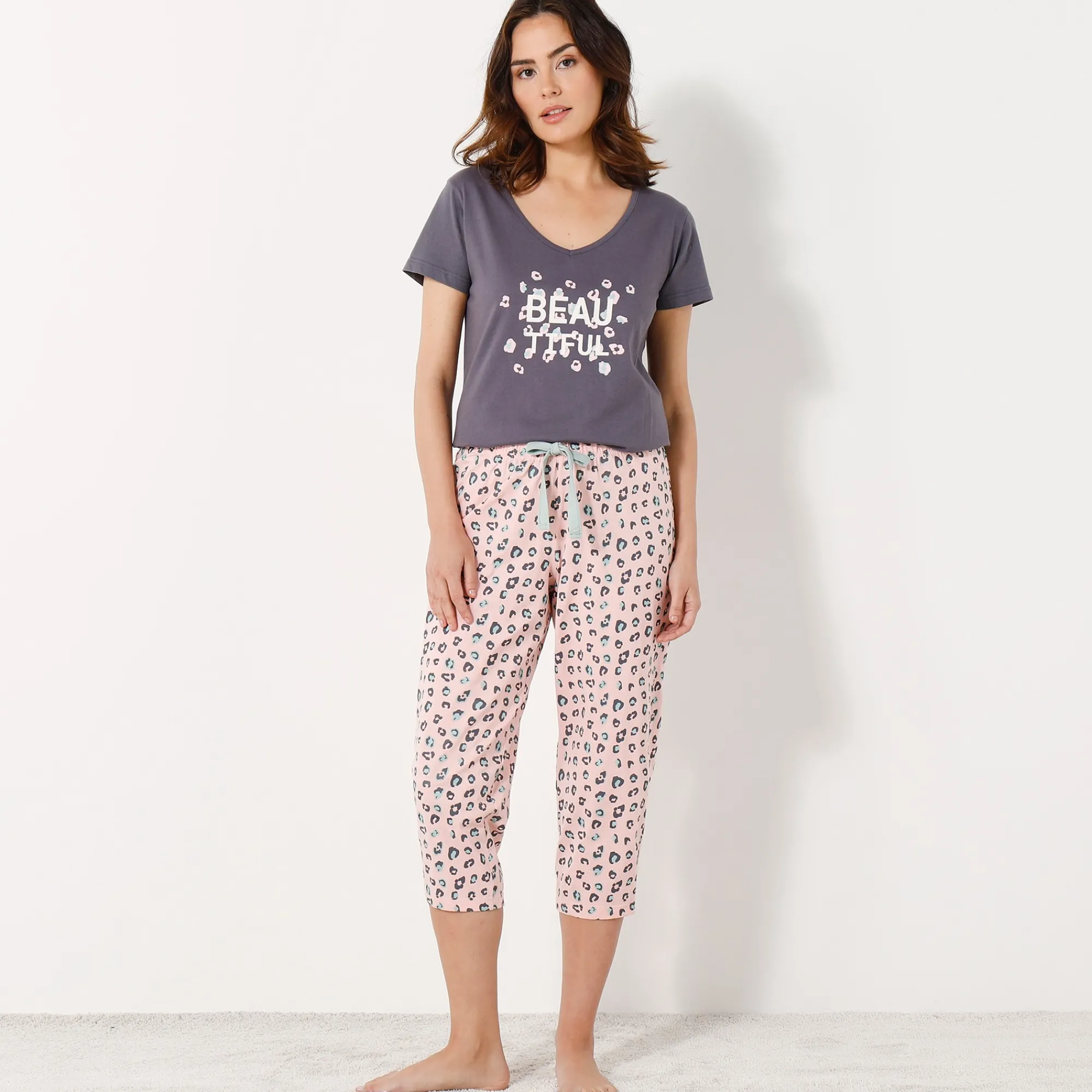 Pyjama<Blancheporte 3/4-pyjamabroek met print "Beautiful" roze