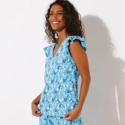 Pyjama<Blancheporte Pyjamashirt met korte mouwen en bloemblaadjesprint blauw / ecru