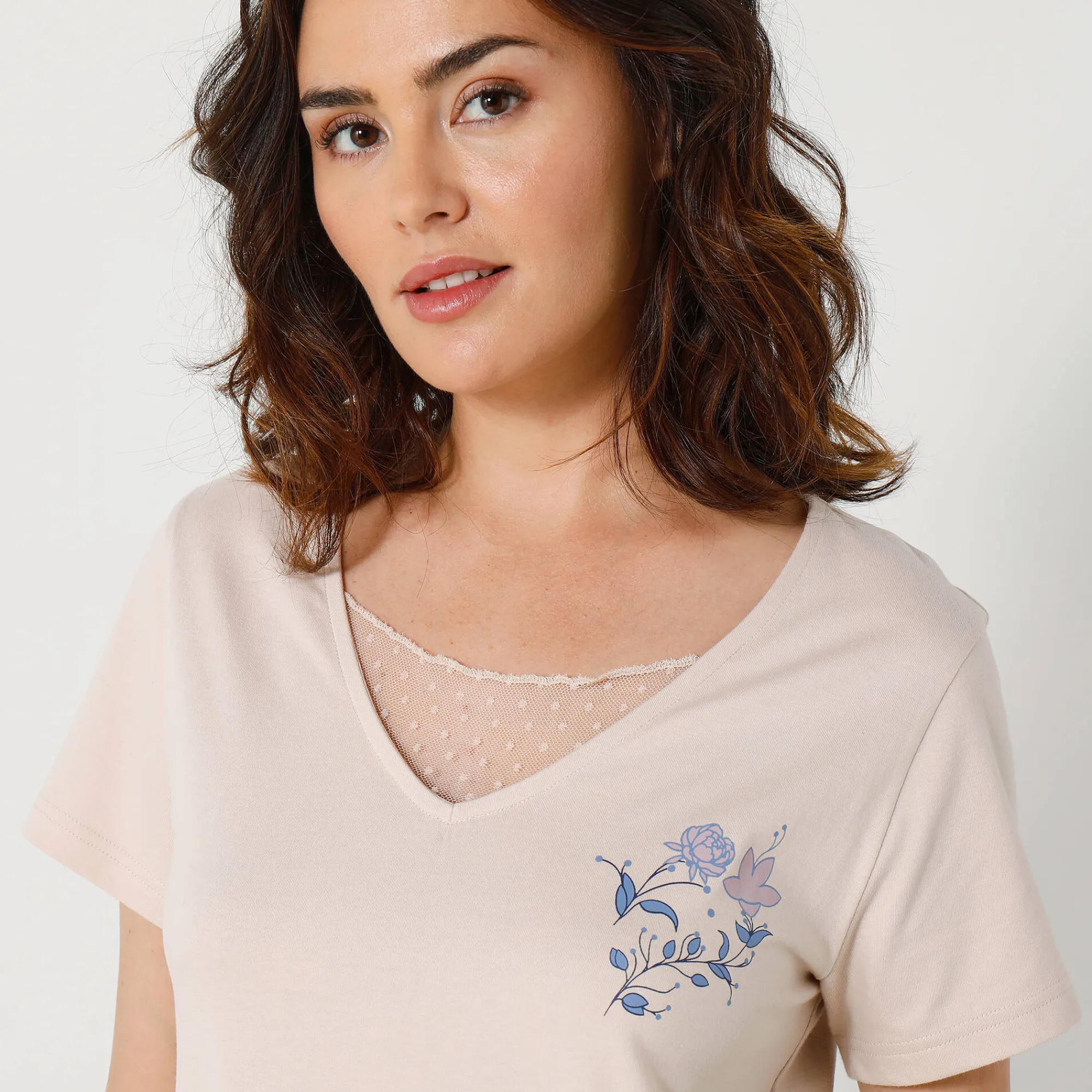 Pyjama<Blancheporte Pyjamashirt met korte mouwen en bloemenmotief zandkleur