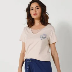 Pyjama<Blancheporte Pyjamashirt met korte mouwen en bloemenmotief zandkleur