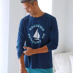 Pyjama En Kamerjas<Blancheporte Pyjamashirt met lange mouwen en bootmotief marine / aqua