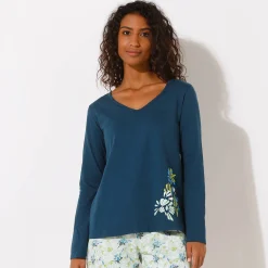 Pyjama<Blancheporte Pyjamashirt met lange mouwen en geplaatste bloemblaadjesprint donkerblauw