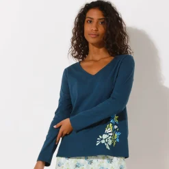 Pyjama<Blancheporte Pyjamashirt met lange mouwen en geplaatste bloemblaadjesprint donkerblauw