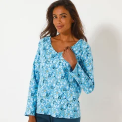 Pyjama<Blancheporte Pyjamashirt met lange mouwen en bloemblaadjesprint blauw / ecru