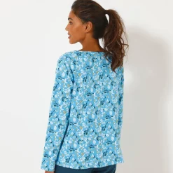 Pyjama<Blancheporte Pyjamashirt met lange mouwen en bloemblaadjesprint blauw / ecru