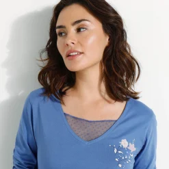Pyjama<Blancheporte Pyjamashirt met lange mouwen en bloemenmotief jeansblauw