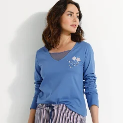 Pyjama<Blancheporte Pyjamashirt met lange mouwen en bloemenmotief jeansblauw