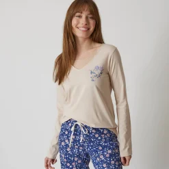 Pyjama<Blancheporte Pyjamashirt met lange mouwen en bloemenmotief zandkleur