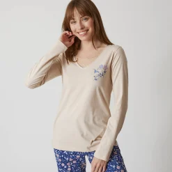 Pyjama<Blancheporte Pyjamashirt met lange mouwen en bloemenmotief zandkleur