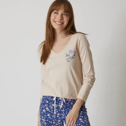 Pyjama<Blancheporte Pyjamashirt met lange mouwen en bloemenmotief zandkleur