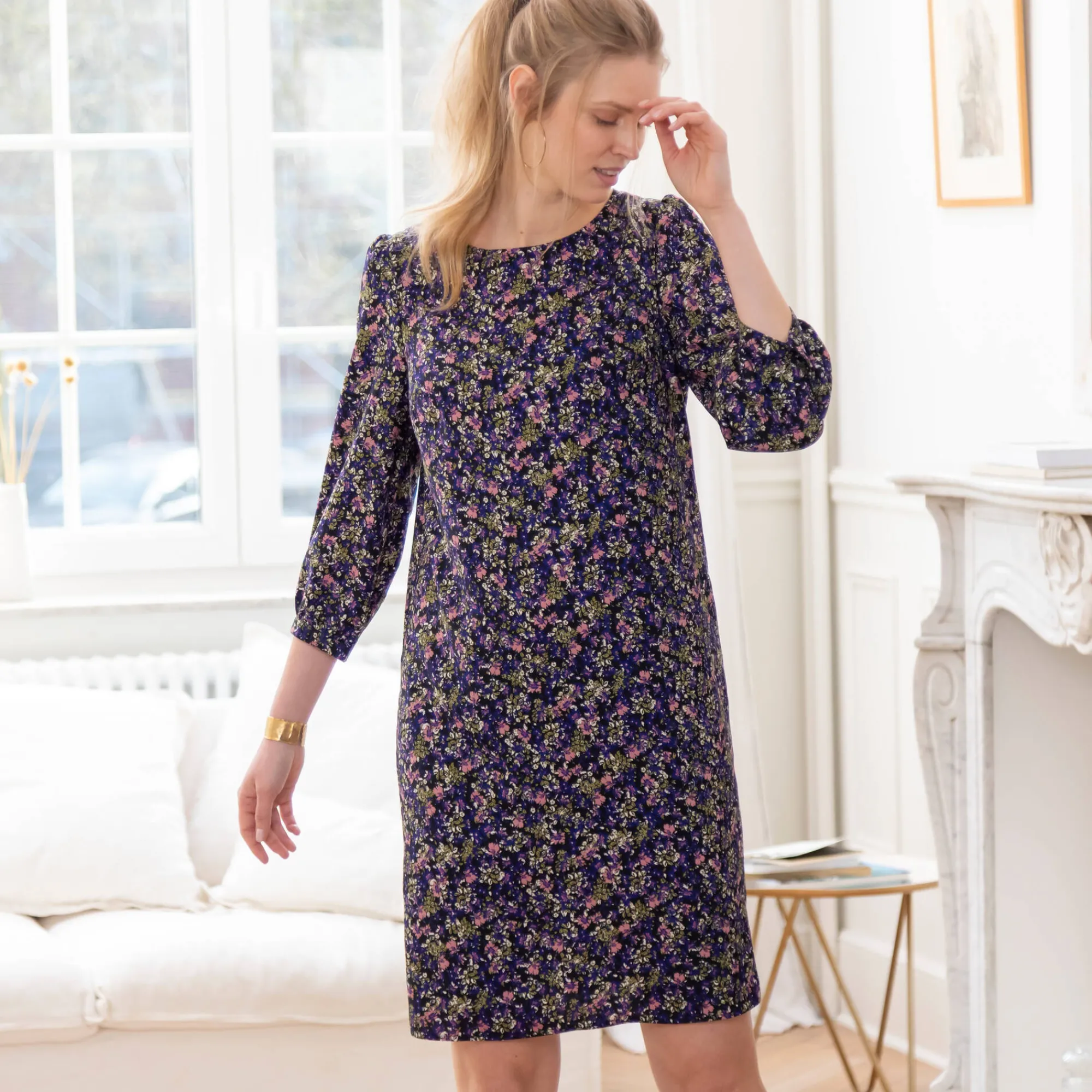 Jurk<Blancheporte Rechte, bedrukte jurk met 7/8-mouwen marine / blauw