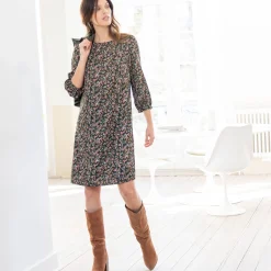 Jurk<Blancheporte Rechte, bedrukte jurk met 7/8-mouwen kaki / roze